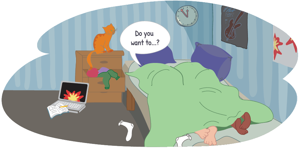 Two people in a bed having a conversation about consent