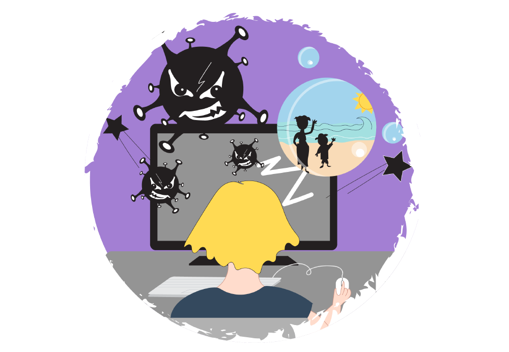 Boy looking at computer screen with scary things on it