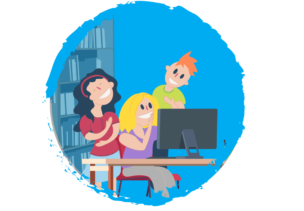 Friends laughing at a computer