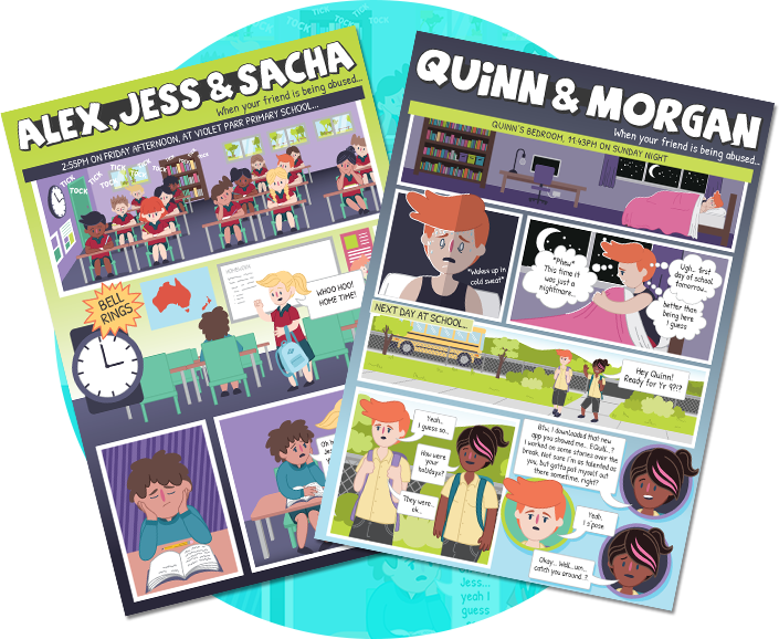 Cover of two comics focusing on child abuse: Alex, Jess & Sacha and Quinn & Morgan