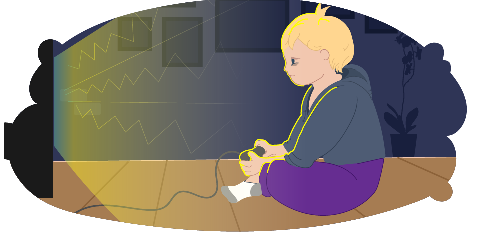 A tired looking child plays video games late at night