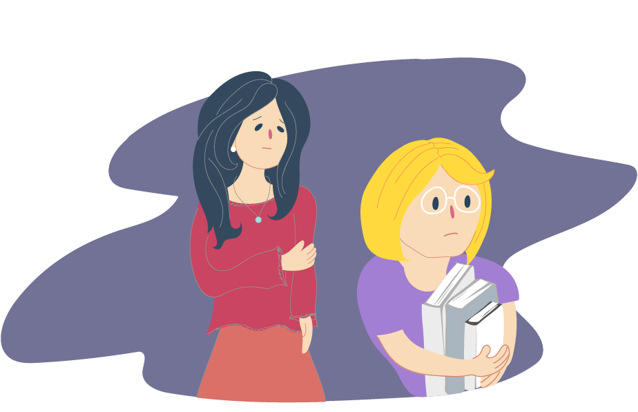 Girl holding school books looking worried with concerned Mum standing behind