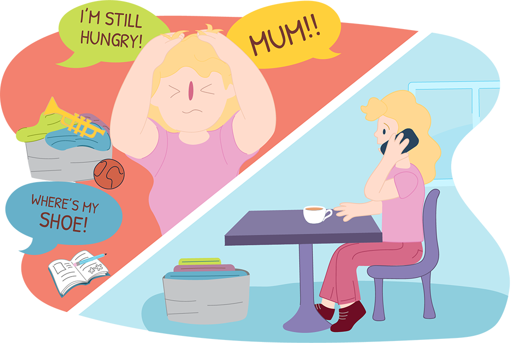 Split picture - Mum looking overwhelmed by parenting and then calmly talking on the phone to a counsellor