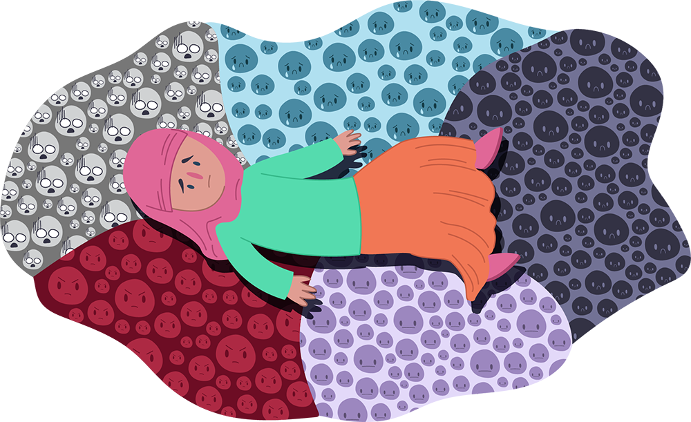 Girl in hijab surrounded by lots of faces depicting different emotions