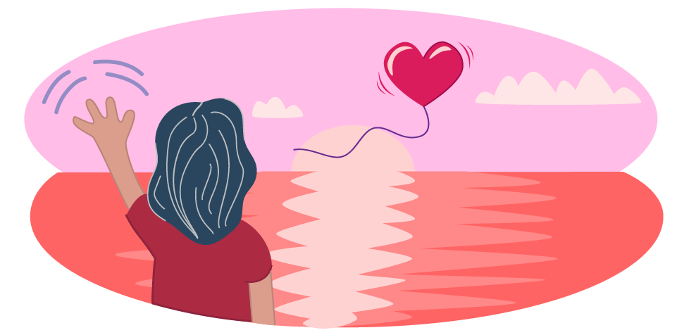 Child waving goodbye to balloon heart over sunset sea