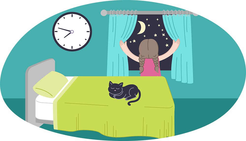 Child in bedroom looking out window at the night sky