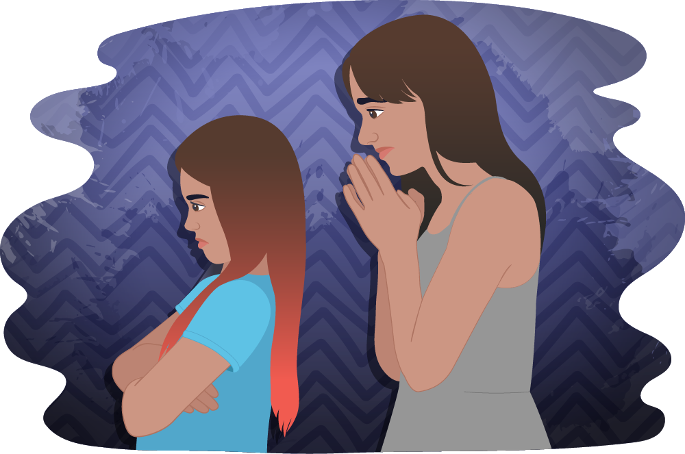 Parent standing behind child, looking concerned. Child is facing away from parent, with her arms crossed over her chest.