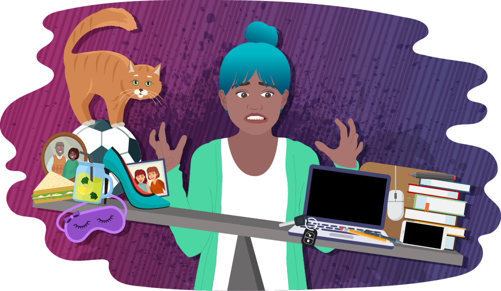 Young person with scales in front of them; on the left around symbols of work, including laptop and paperwork and on the right are symbols of life including photos of family and friends and a pet cat