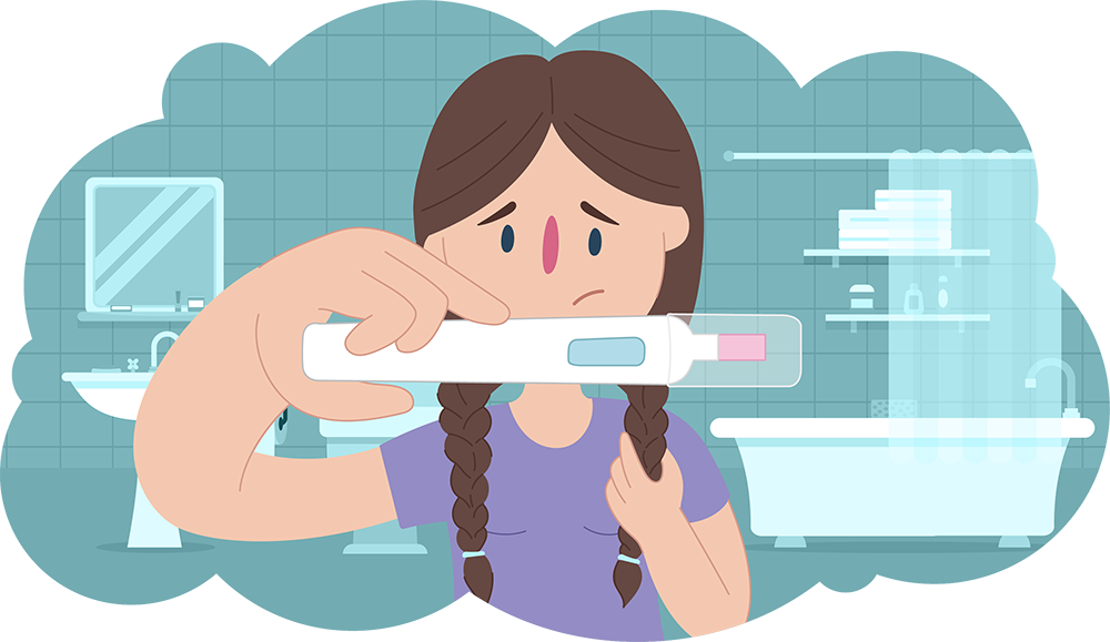 Worried young girl holding up a pregnancy test in bathroom