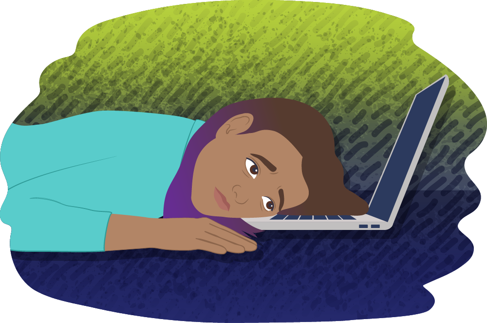 Young person laying face down on a laptop keyboard looking stressed