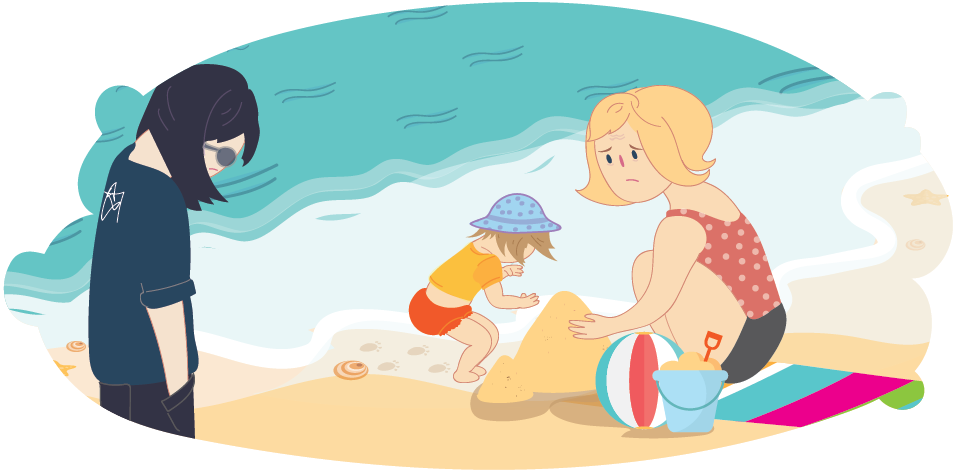 Teen not having fun at the beach with mum and sibling