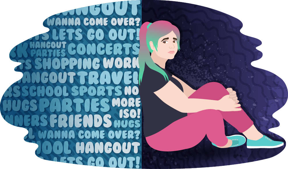 Teen girl sitting against a wall that is covered with words related to socialising