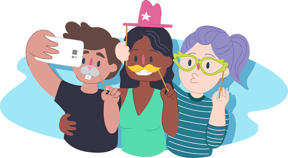 Three teens having fun by taking selfies on an iphone while wearing novelty hats and glasses