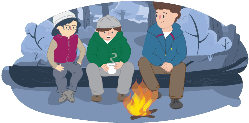 Two kids around a campfire with an adult talking about their problems