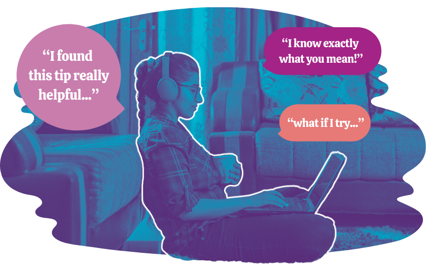 Woman on her laptop smiling at encouraging comments coming out of the screen