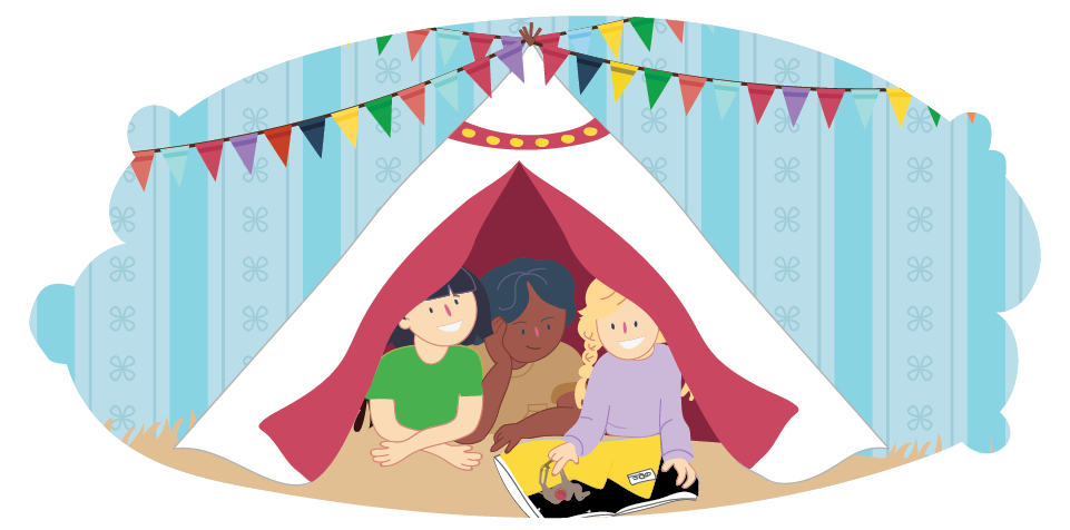 Three friends in a teepee reading a book together