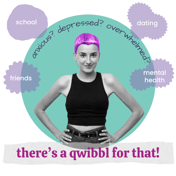 Teen girl surrounded by qwibbls representing her feelings
