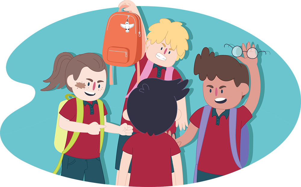 Young person surrounded by other children being mean to them and bullying
