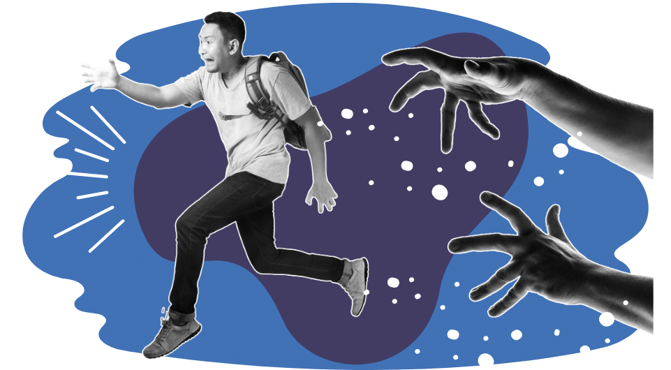 Teen running away from giant hands