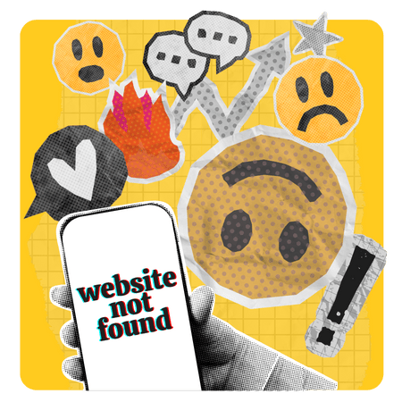 Hand holding phone saying 'website not found'